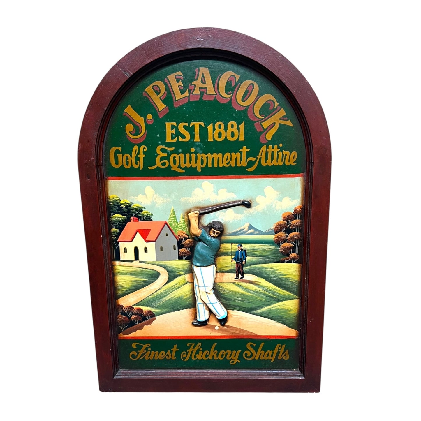 Decorative wooden pub style sign for J. Peacock golf equipment with a golfer and landscape illustration on a white background for sale by All Things French Store.