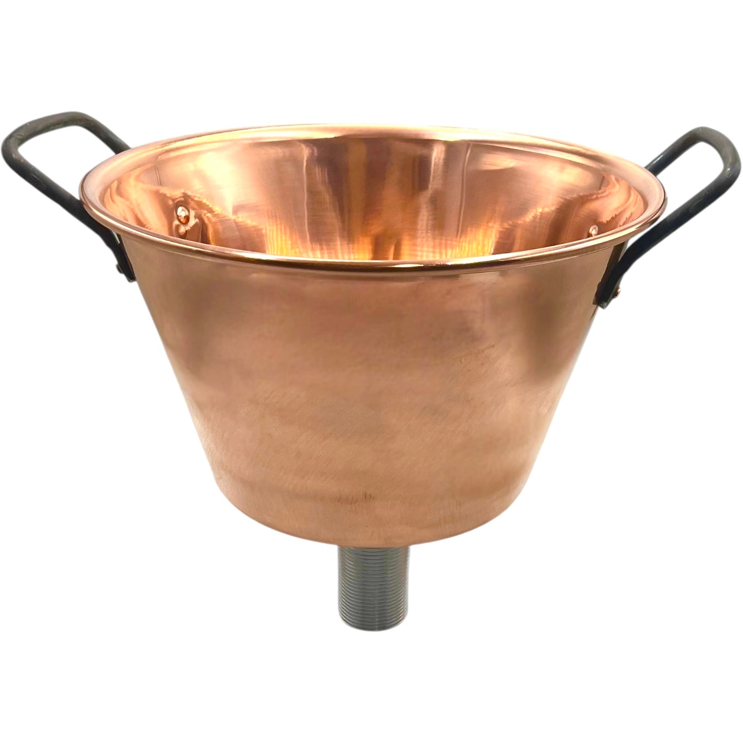Copper upcycled basin sink or washbowl with a chrome waste and black handles on a white background