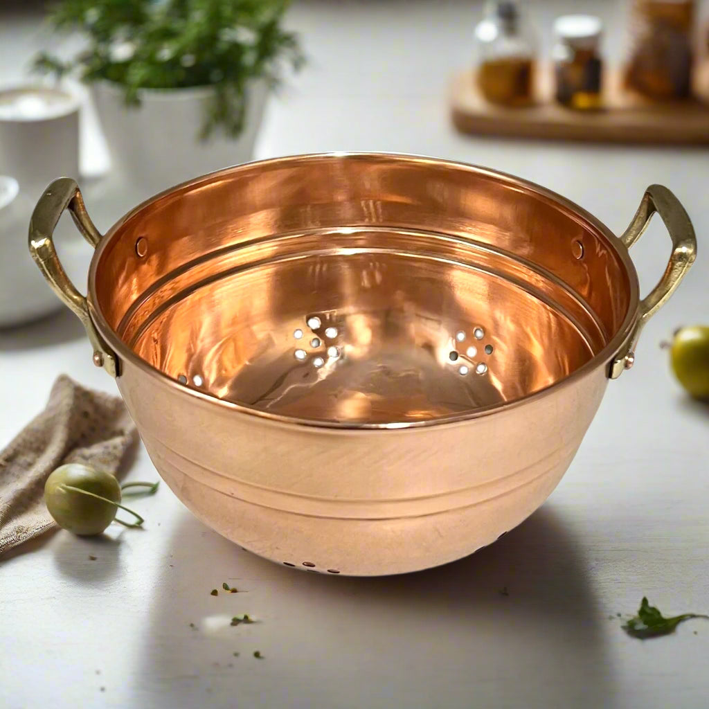 French Copper Sieve with Brass Handles, 16cm Vintage Colander Strainer