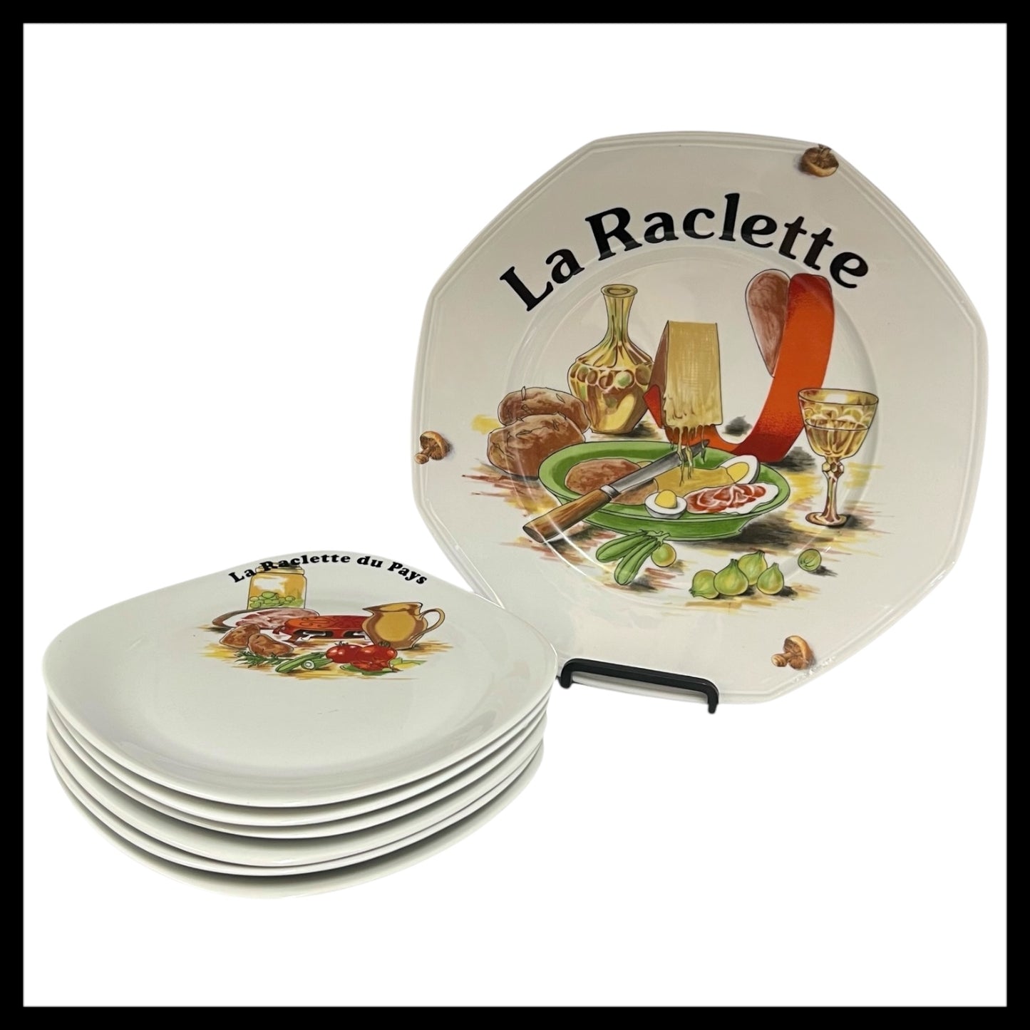6 French La Raclette Plates & larger serving Platter decorated with a cheese recipe