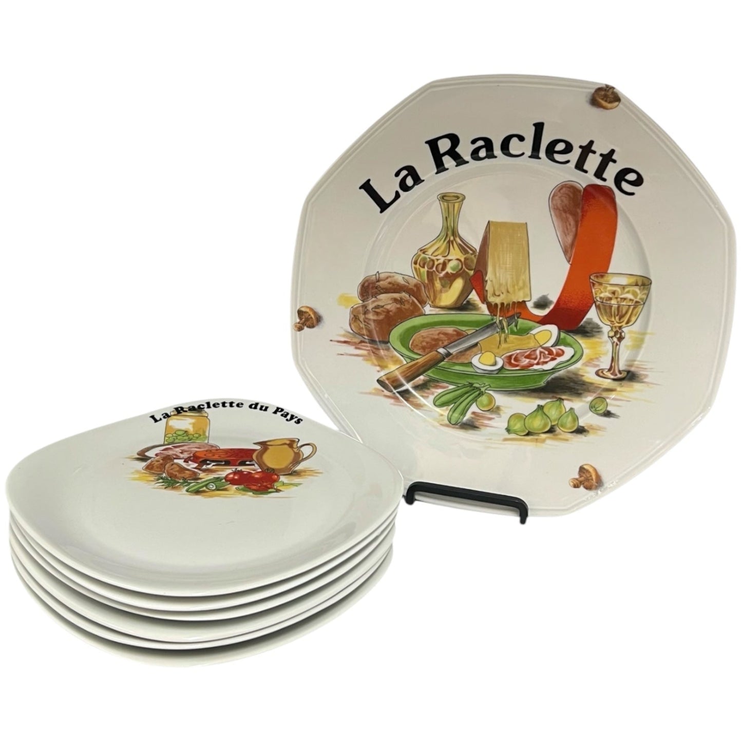 6 French La Raclette Plates & larger serving Platter decorated with a cheese recipe