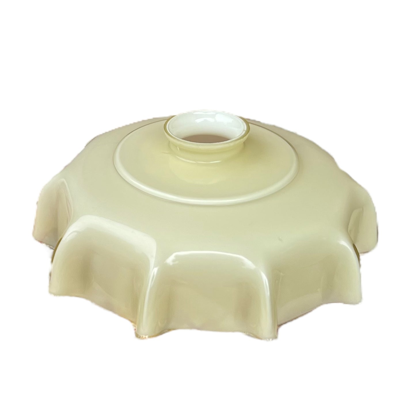 Vintage French milk glass pendant light with scalloped edge shade on a white background