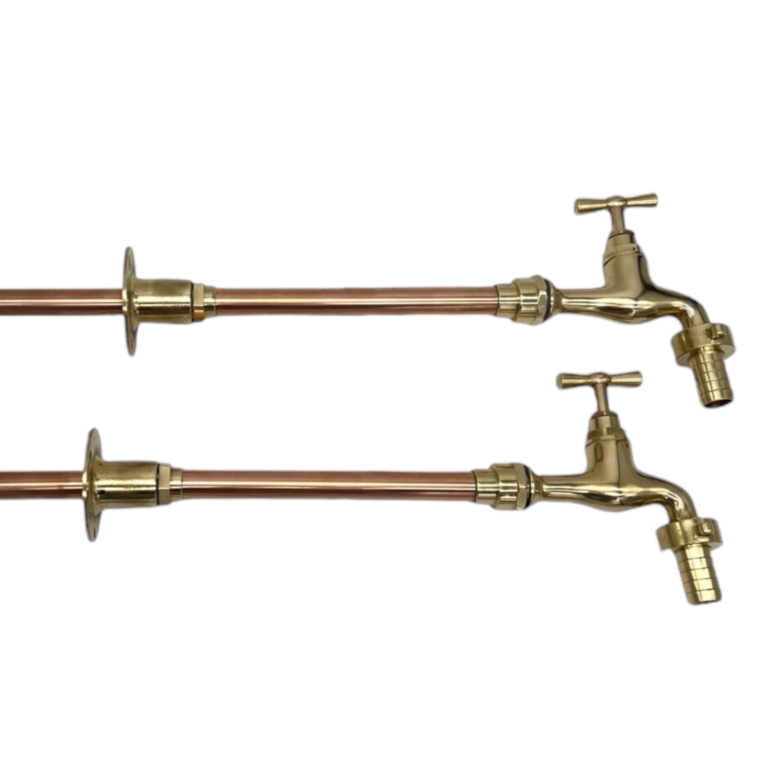 Pair of copper and brass wall mounted taps  custom size made to measure