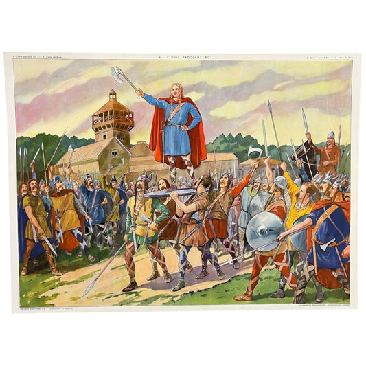A vintage French double-sided school poster depicting historical scenes with figures representing Attila the Hun and Clovis I, the first king of the Franks, with a castle in the background.