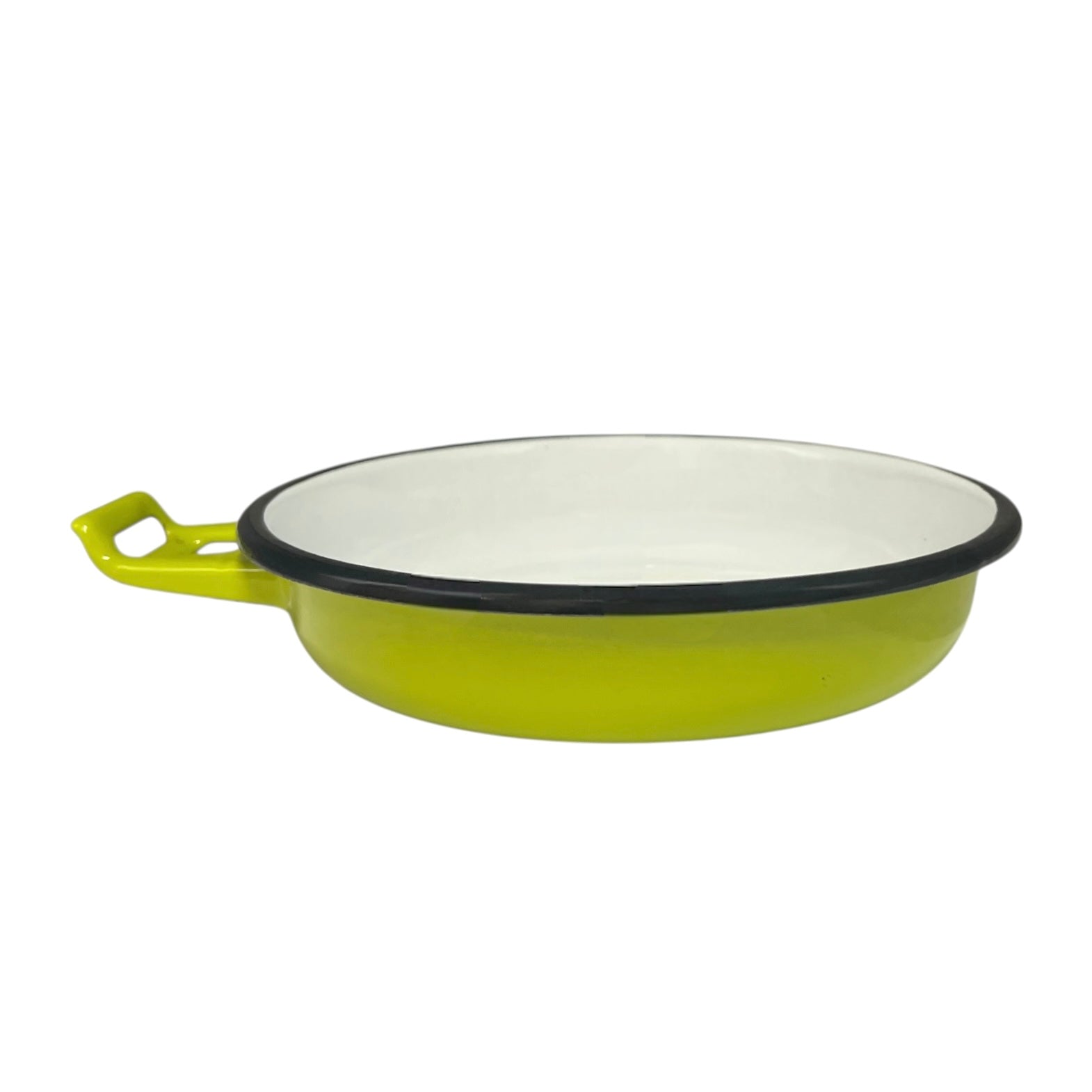 Green frying pan with a white interior on a white background