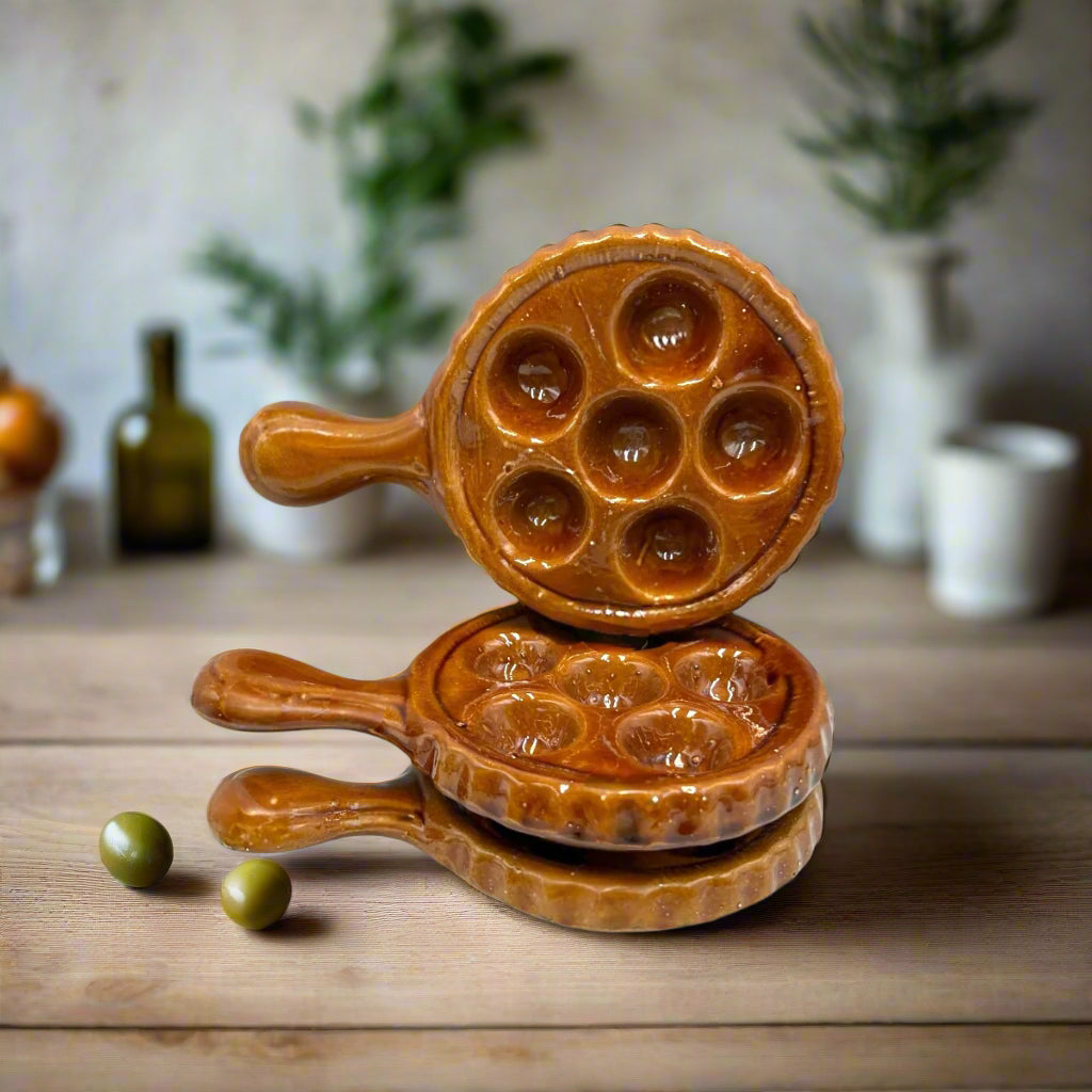 Set of 3 French Rustic Ceramic Escargot Dishes, Vintage Snail Pots Plates
