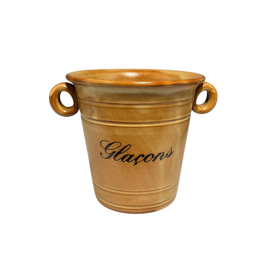 Brown ceramic ice bucket with 'Glaçons' text on a white background