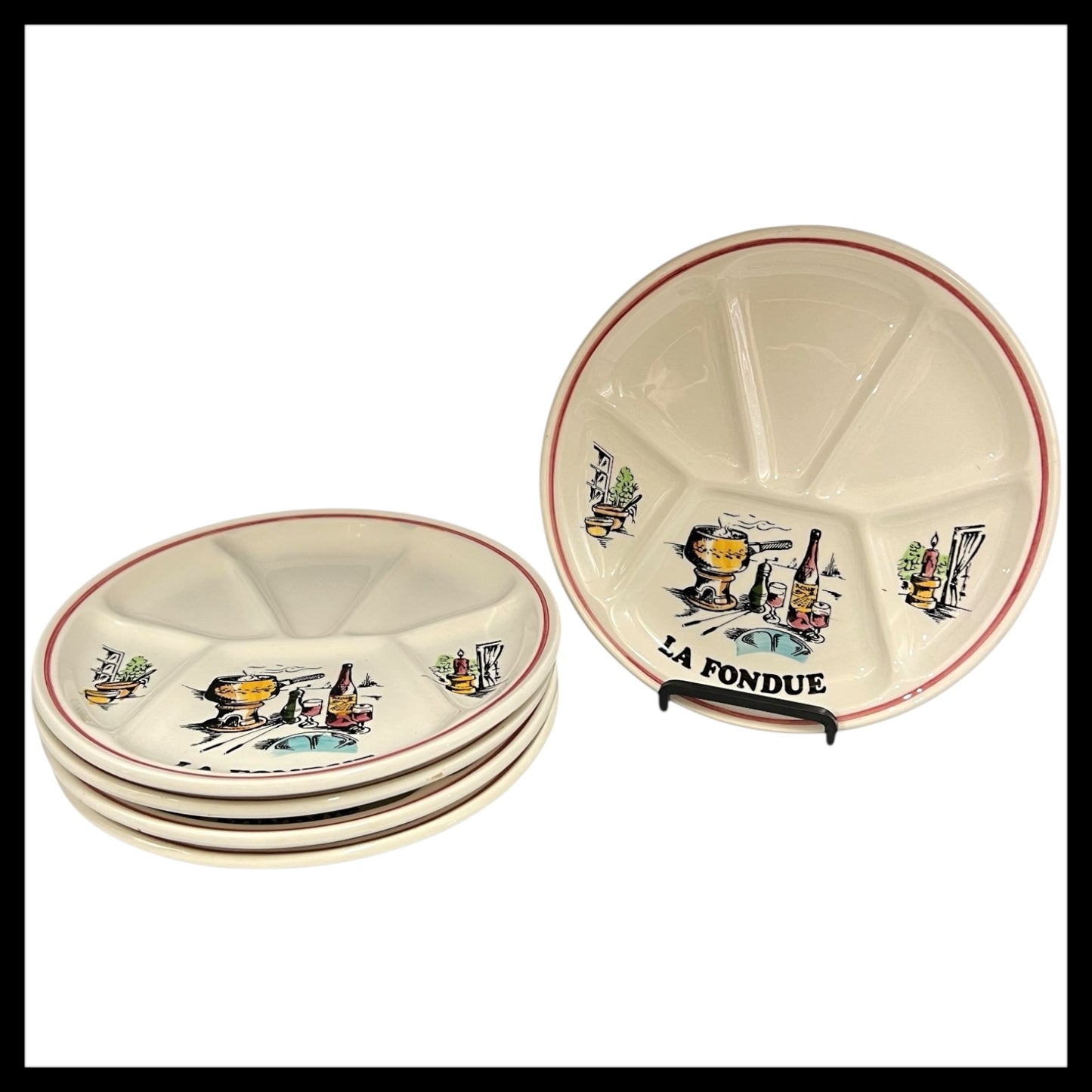set of 5 French Vintage Fondue Plates or BBQ Plates, Gien Sectioned Dinner Plates