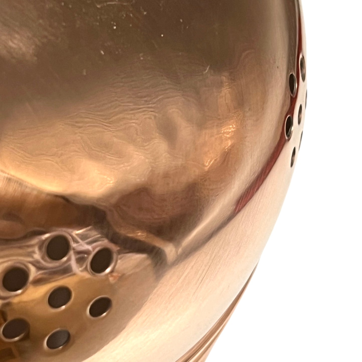 close up detail view of French Copper Sieve with Brass Handles