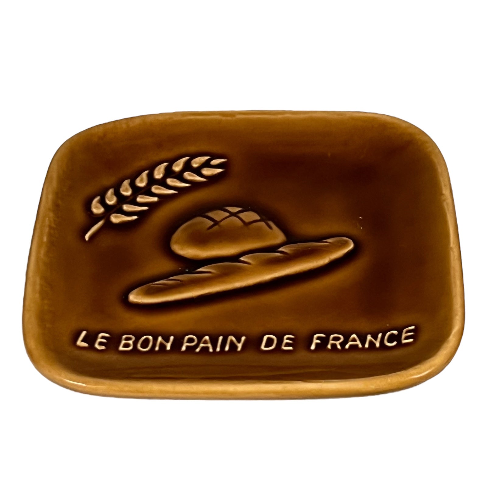 A Small brown ceramic Change Tray from a French Bakery with Le Bon de France and a picture of French bread for sale from All Things French Store