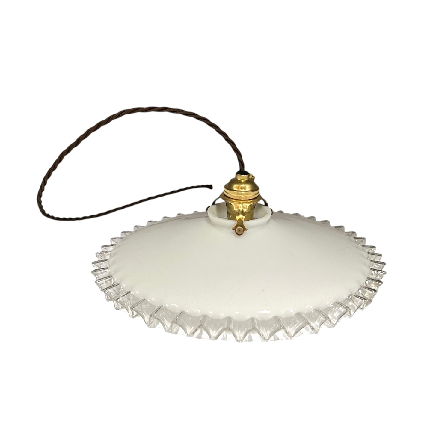 Vintage-style pendant light with white glass shade and brass fitting on a white background