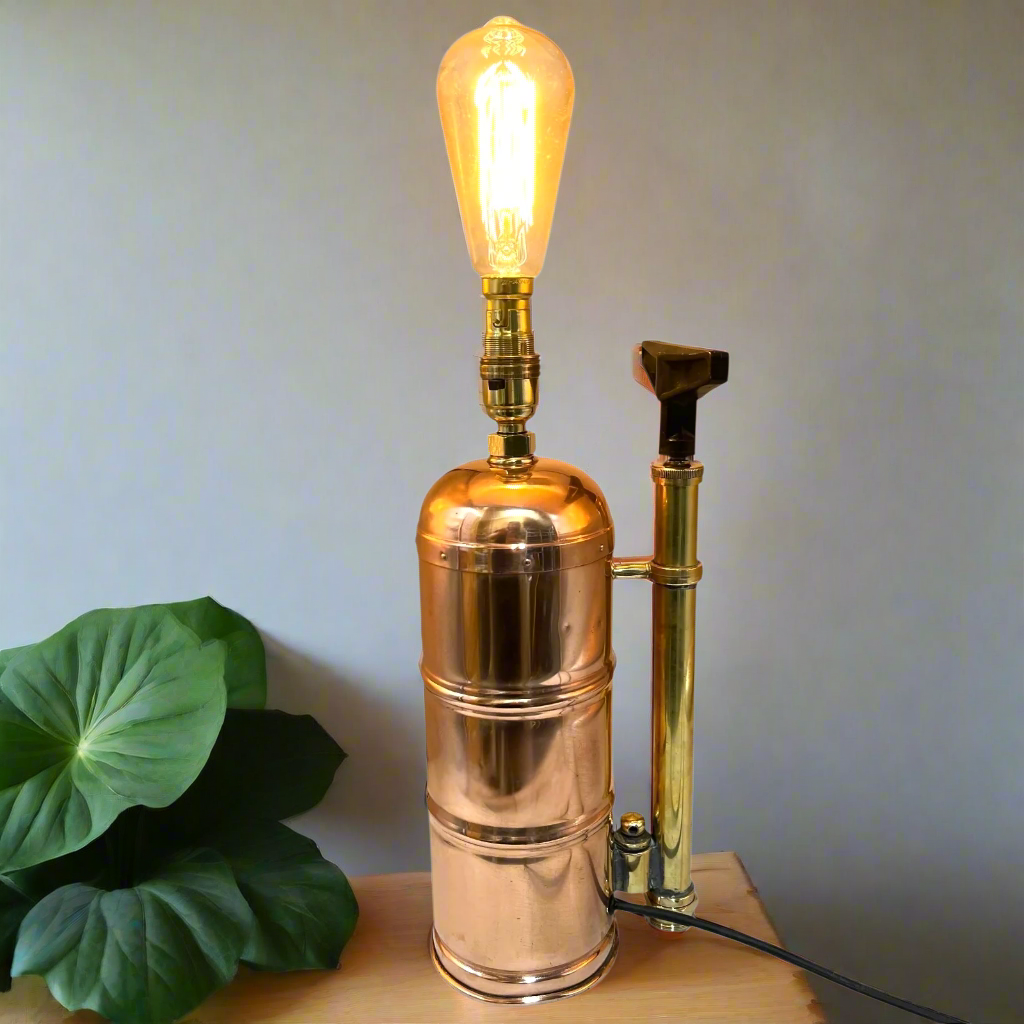Vintage-style copper and brass lamp with a lit bulb on a wooden surface next to a leafy plant.