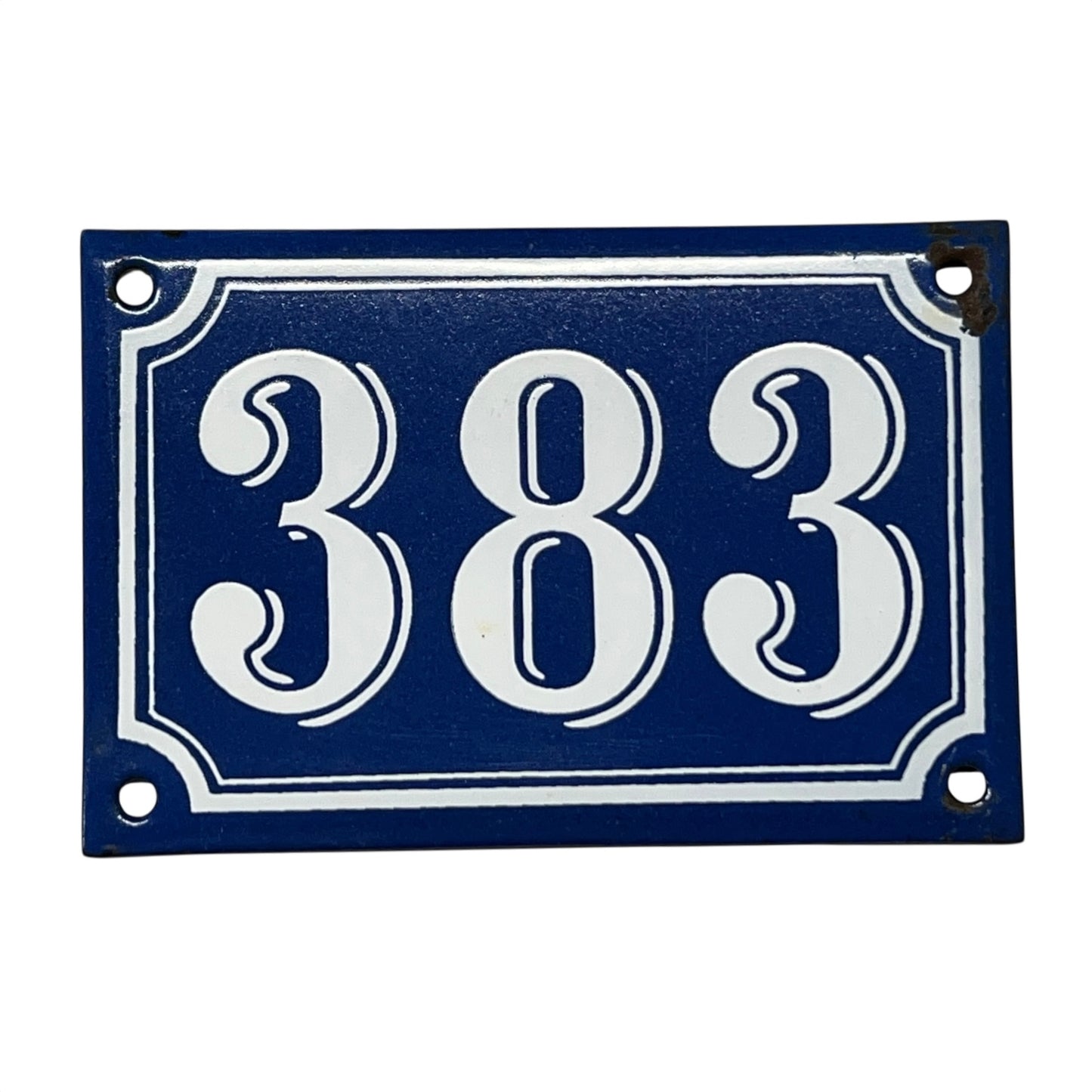 French Vintage Antique Enamel Door Number 383, White and Blue House Number 383 for sale from All Things French Store