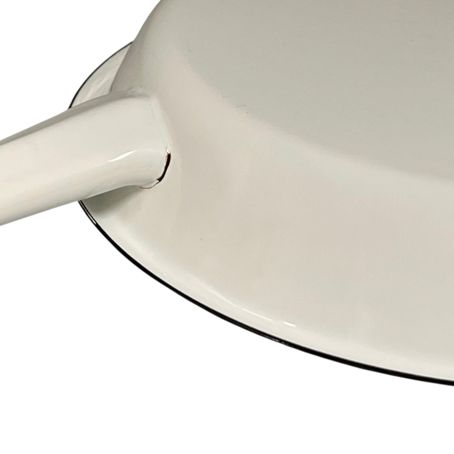 Close-up of a white frying pan handle on a white background