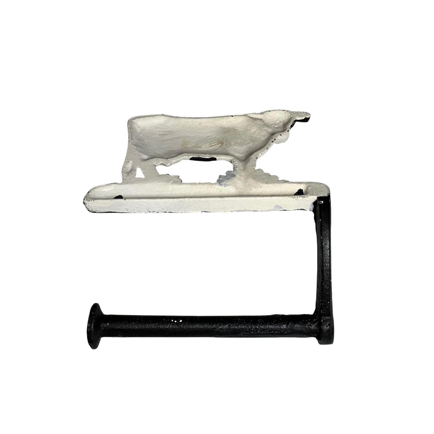 Close-up of a cow toilet roll holder on a white background