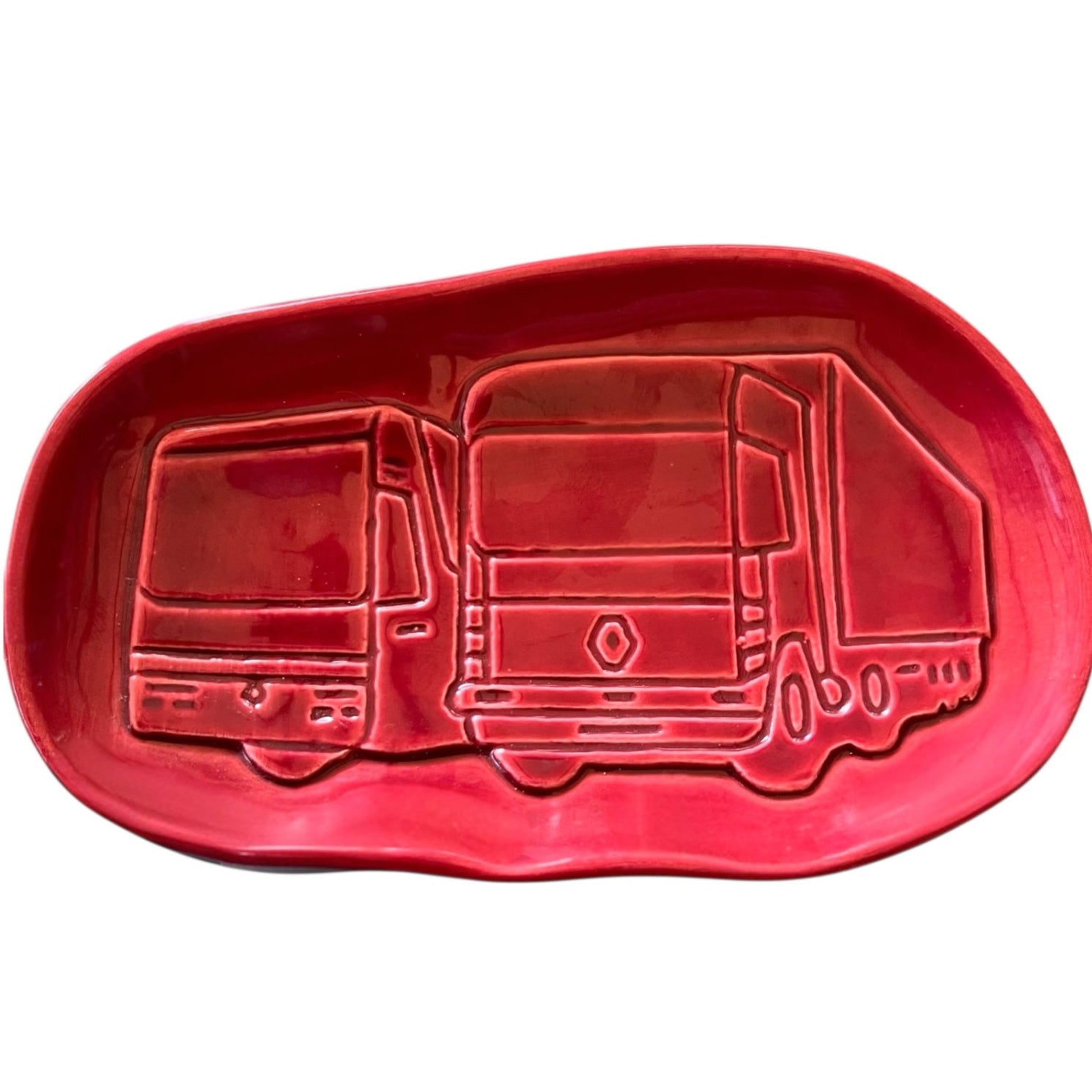 Renault Truck Collectible Trinket Tray, dark red oval shaped with a truck design on the front for sale from All Things French Store