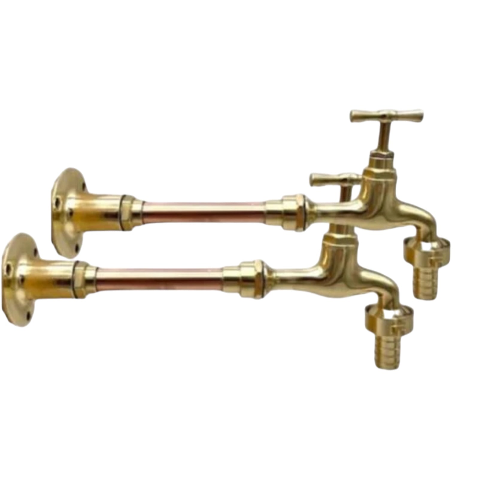 Pair of copper and brass wall mounted taps  custom size made to measure