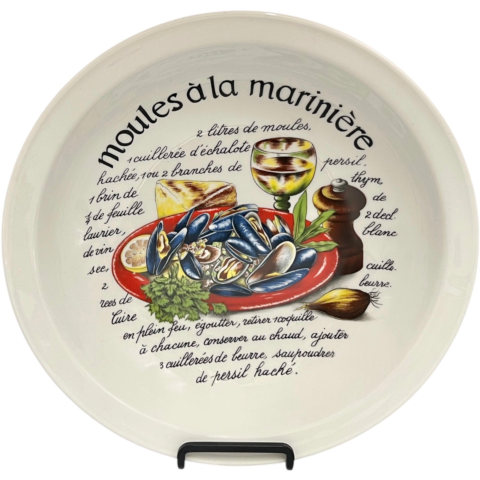 Decorative plate with mussels and cooking ingredients illustration and text on a white background