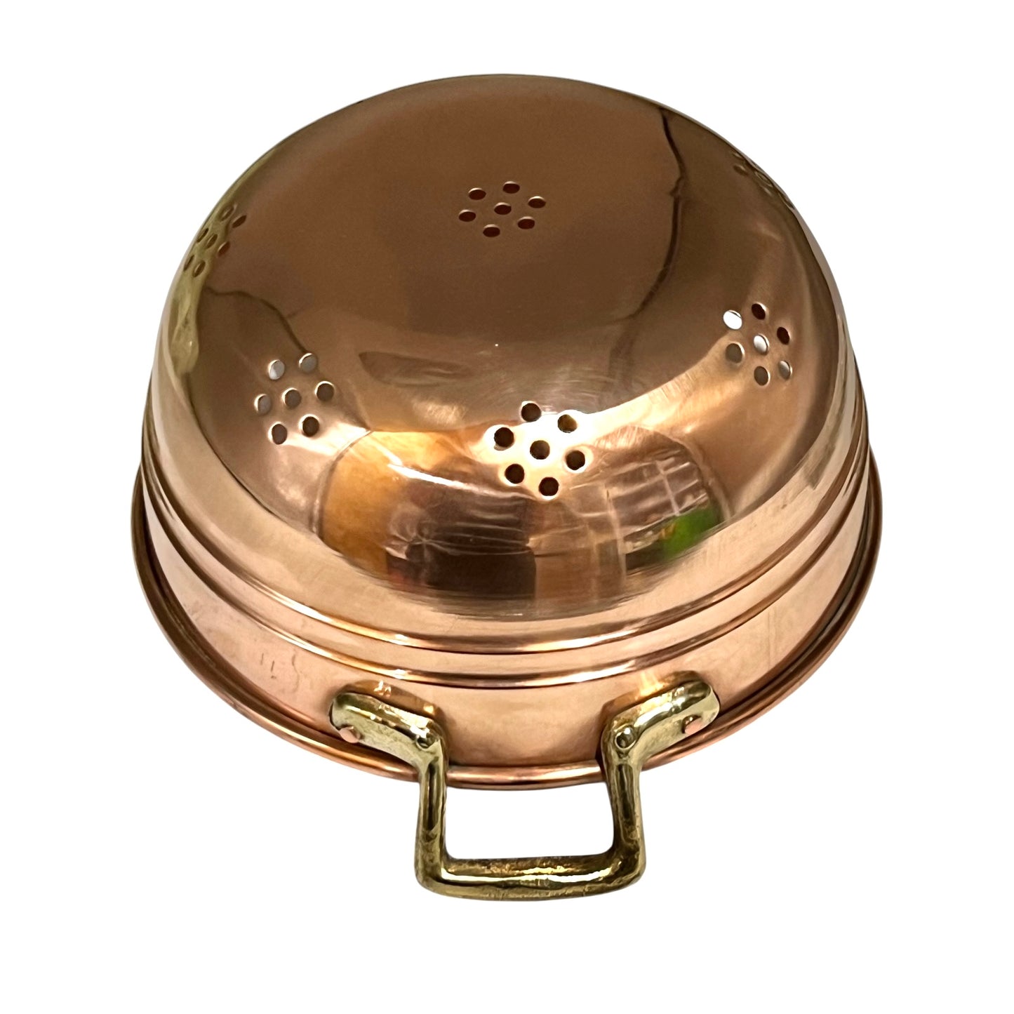 A copper metal dome-shaped colander or strainer basket with two small side handles and multiple drainage holes, shown on a plain white background.