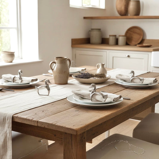 Dining table set with plates, napkins, and cutlery in a bright kitchen.