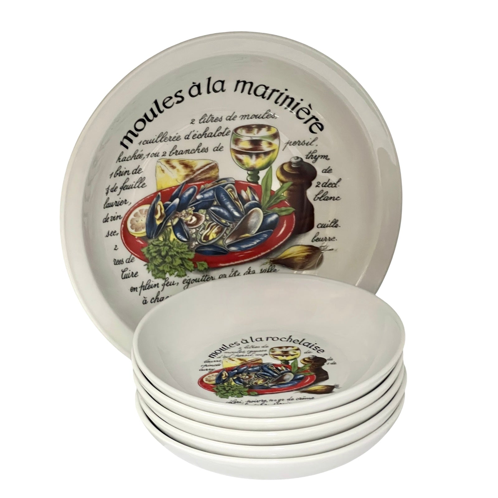 Set of ceramic plates with decorative designs and text on a white background