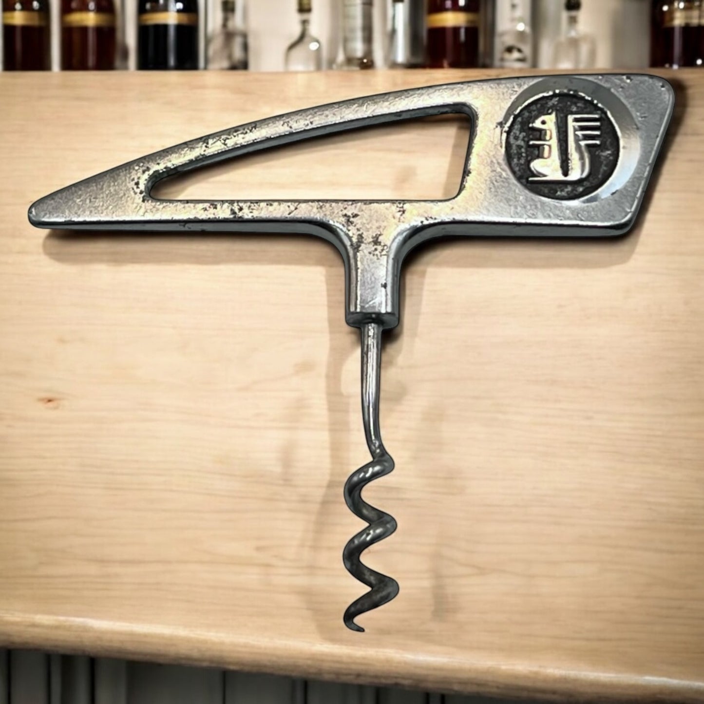 French Vintage Corkscrew with the Caisse d'Epargne Squirrel Logo 1970s, Chrome