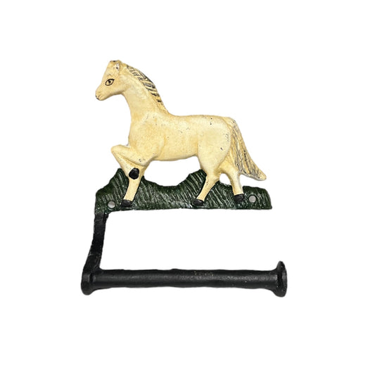 Decorative cast iron horse shaped wall mounted toilet roll holder on a white background