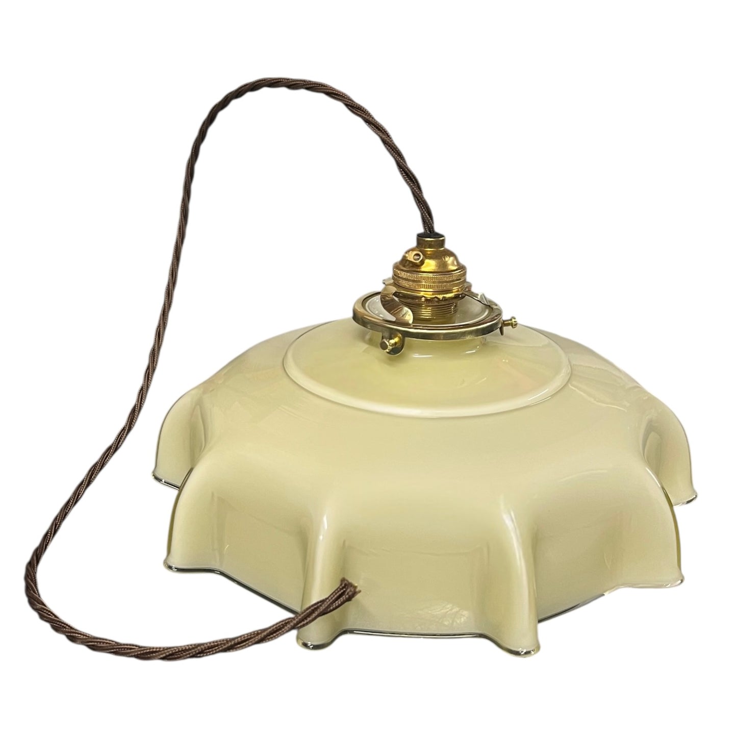 Vintage French milk glass pendant light with scalloped edge shade, brass gallery, and twisted brown fabric cord, rewired for UK use on a white background