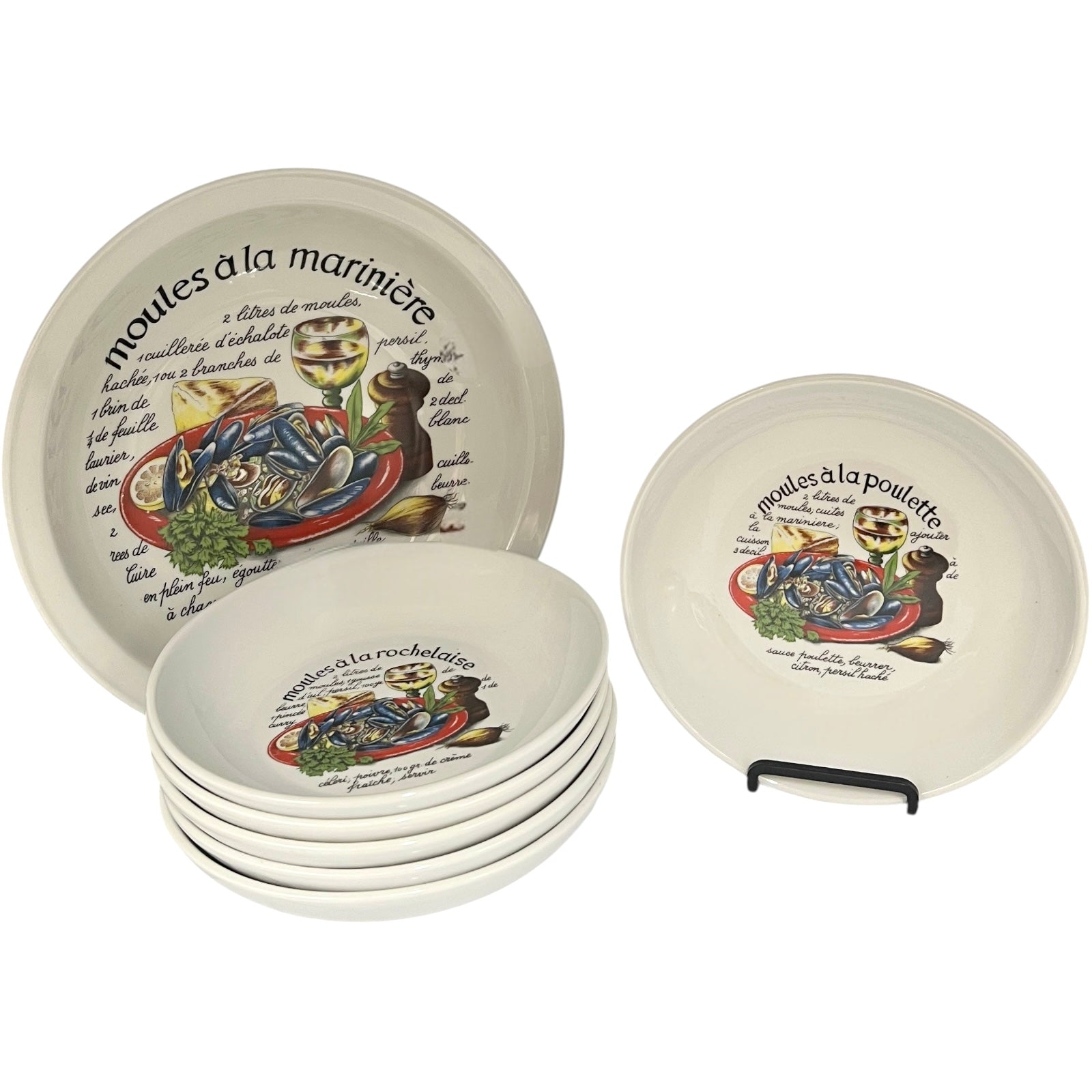 Set of ceramic plates with decorative designs and text on a white background