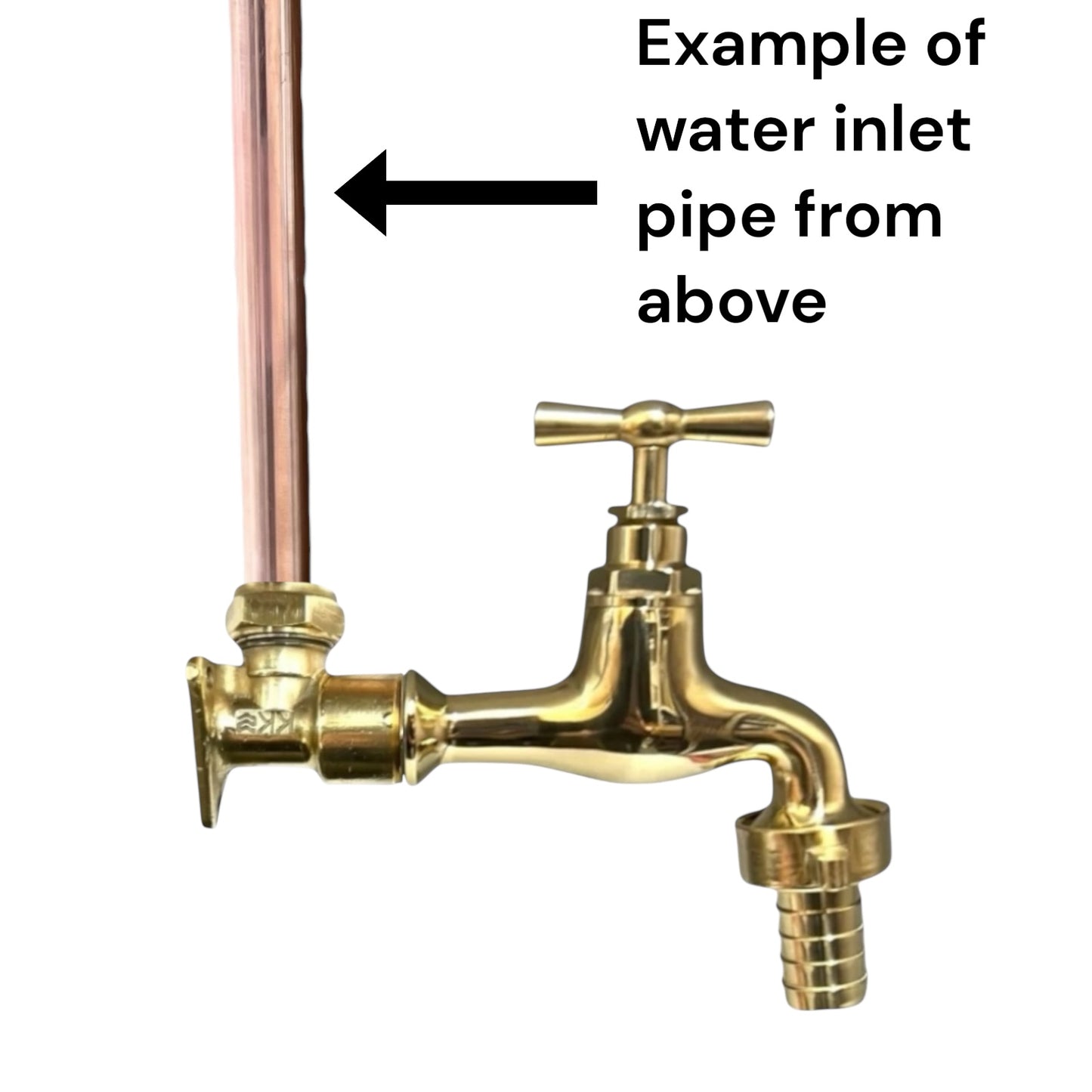 Brass water inlet valve with copper pipe on a white background
