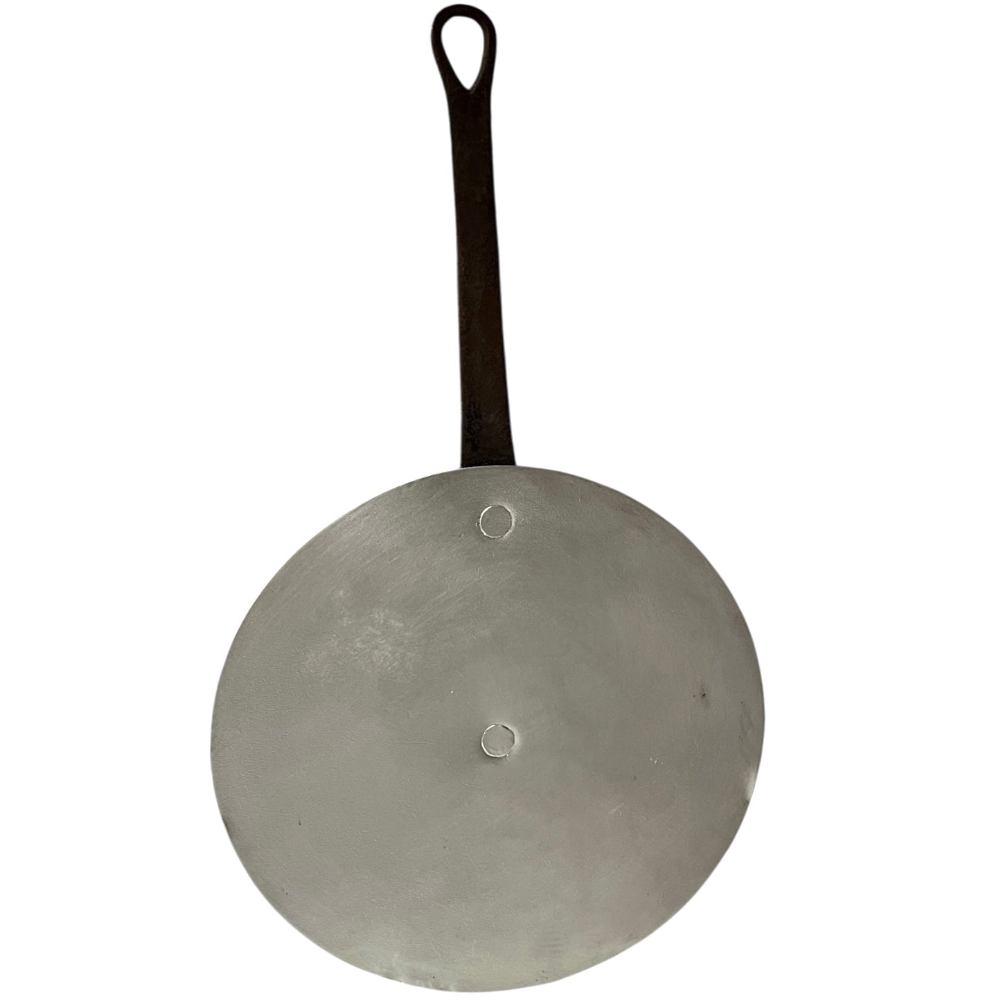 Authentic vintage French copper pan lid with cast iron handle and new tin lining on a white background