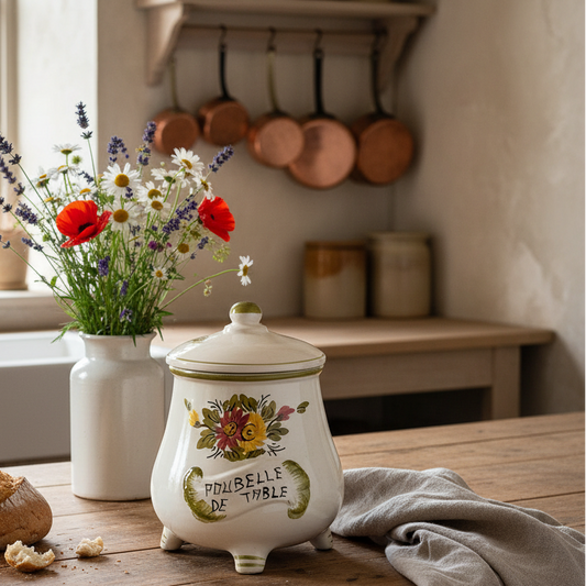 Kitchen scene with a wooden table, bread, floral arrangement, and decorative jar.