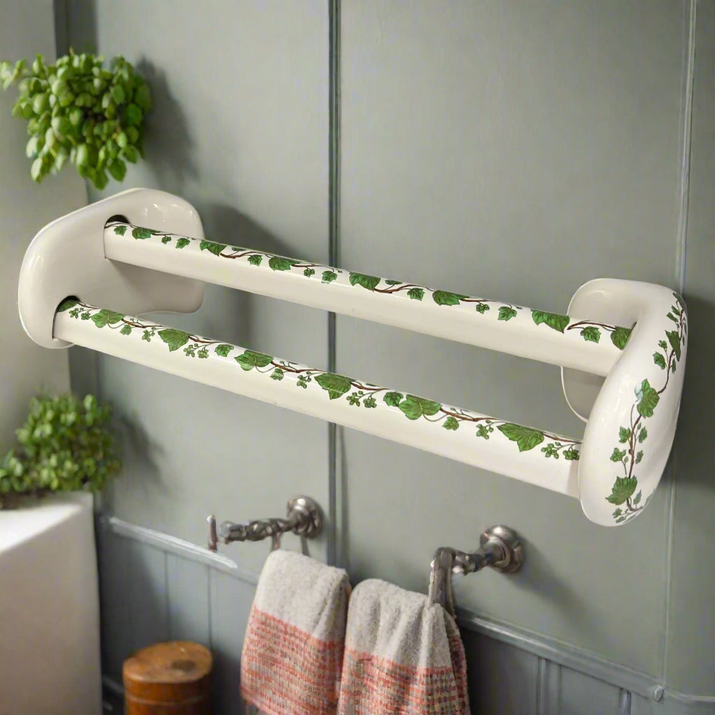 Decorative Paris porcelain towel bar with green leaf pattern on a white background for sale from All Things French Store