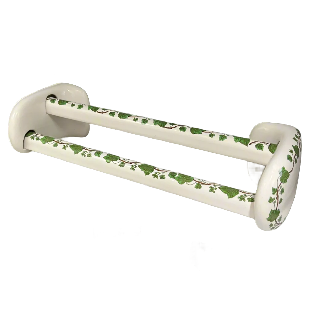Decorative porcelain double towel rail with green leaf pattern on a white background for sale from All Things French Store