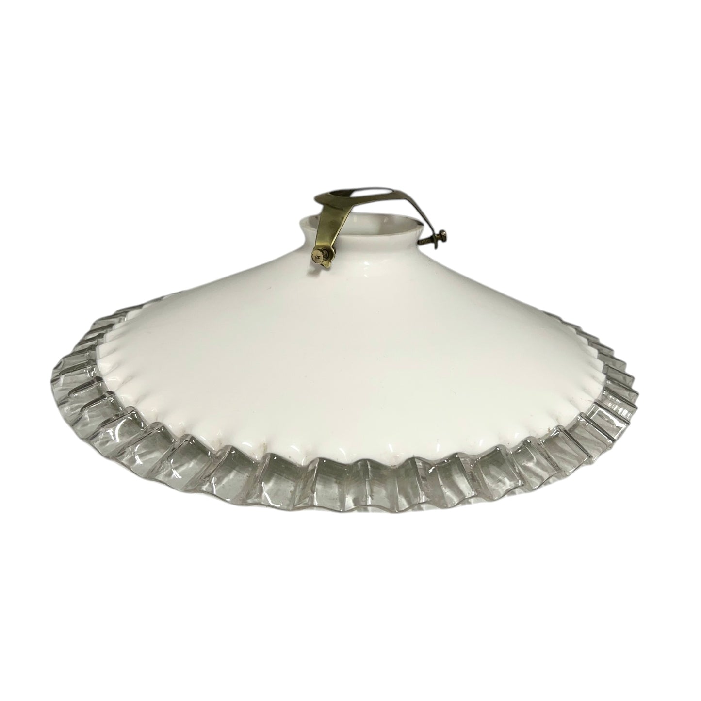 French vintage white glass lampshade with a clear trim and a vintage brass gallery