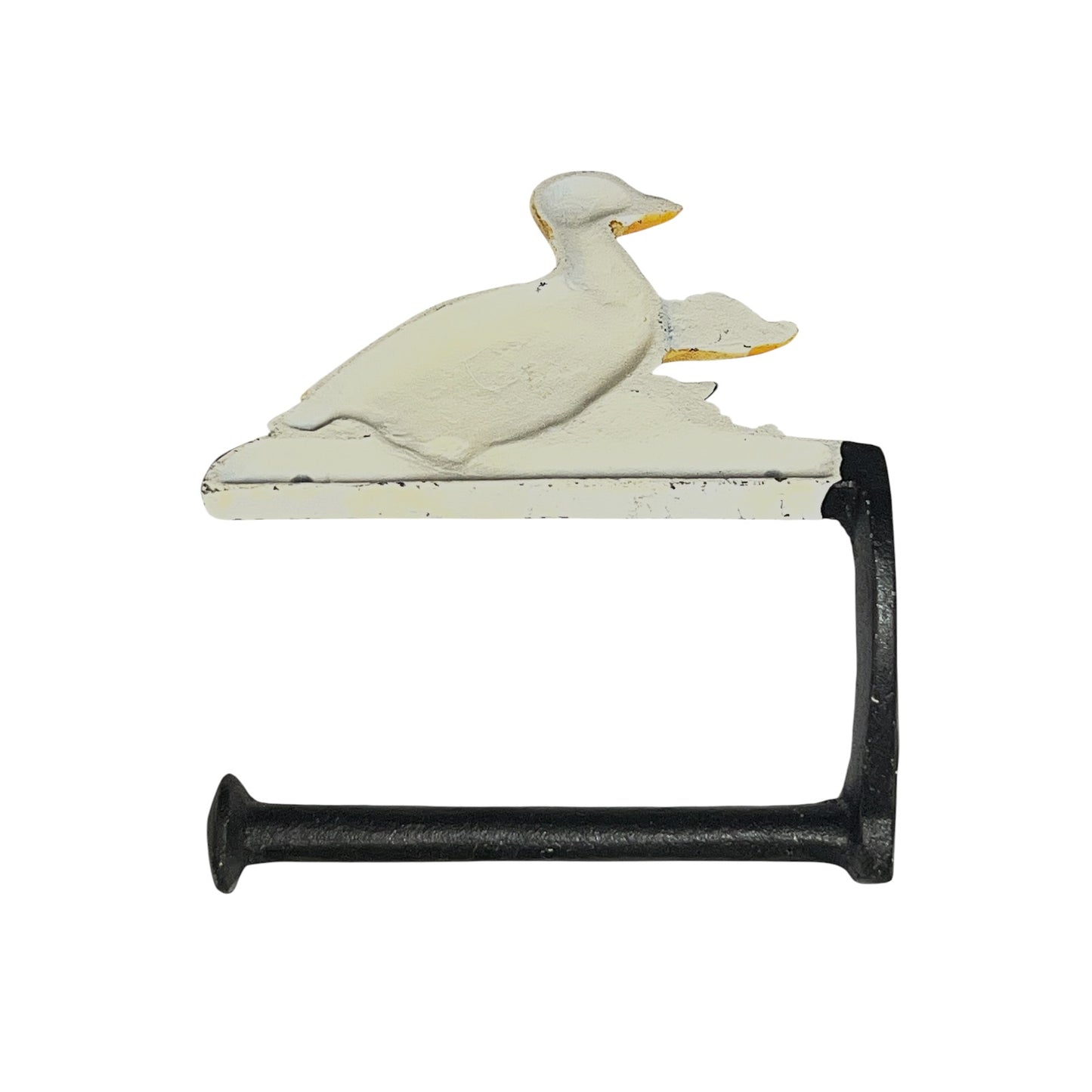 A rustic metal wall hook shaped like a white distressed duck perched on a horizontal bar, with a black L-shaped bracket and a white hanging plate.