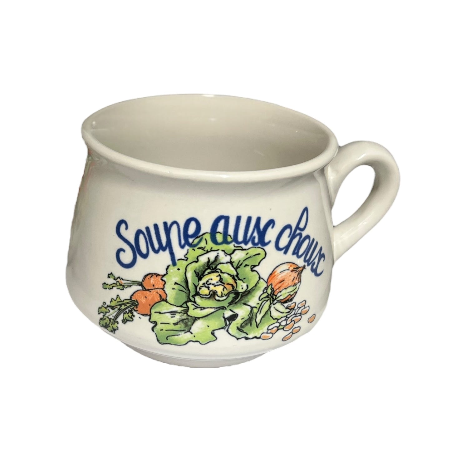 Ceramic mug with 'Soupe aux choux' text and vegetable illustrations on a white background