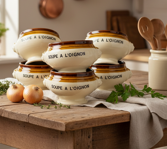 Set of 6 cream ceramic soup bowls with brown rims and 'Soupe a l'Oignon' text on a wooden table with a rustic kitchen in the background.