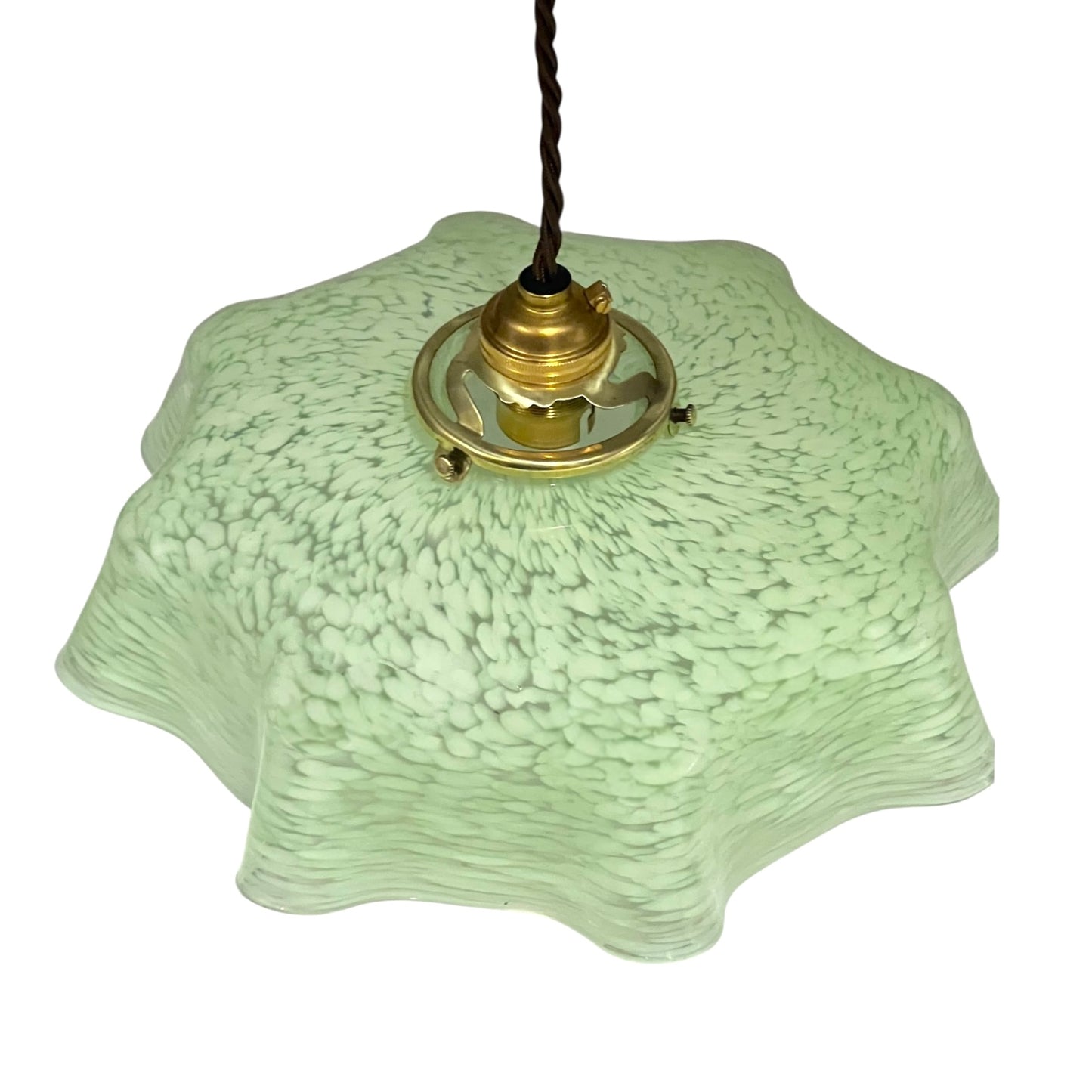 Vintage pendant light with textured green glass shade and brass fitting on a white background for sale rom All Things French Store