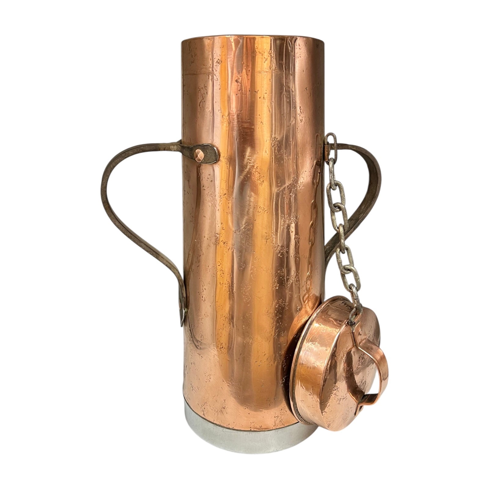 Vintage French copper milk churn with iron handles and copper lid on a white background