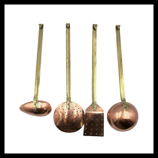 set of 4 French copper kitchen utensils with brass handles for sale from All Things French Store 
