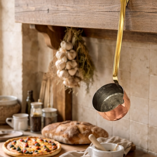 Copper ladle hanging above a rustic kitchen counter with bread, pizza, and garlic.