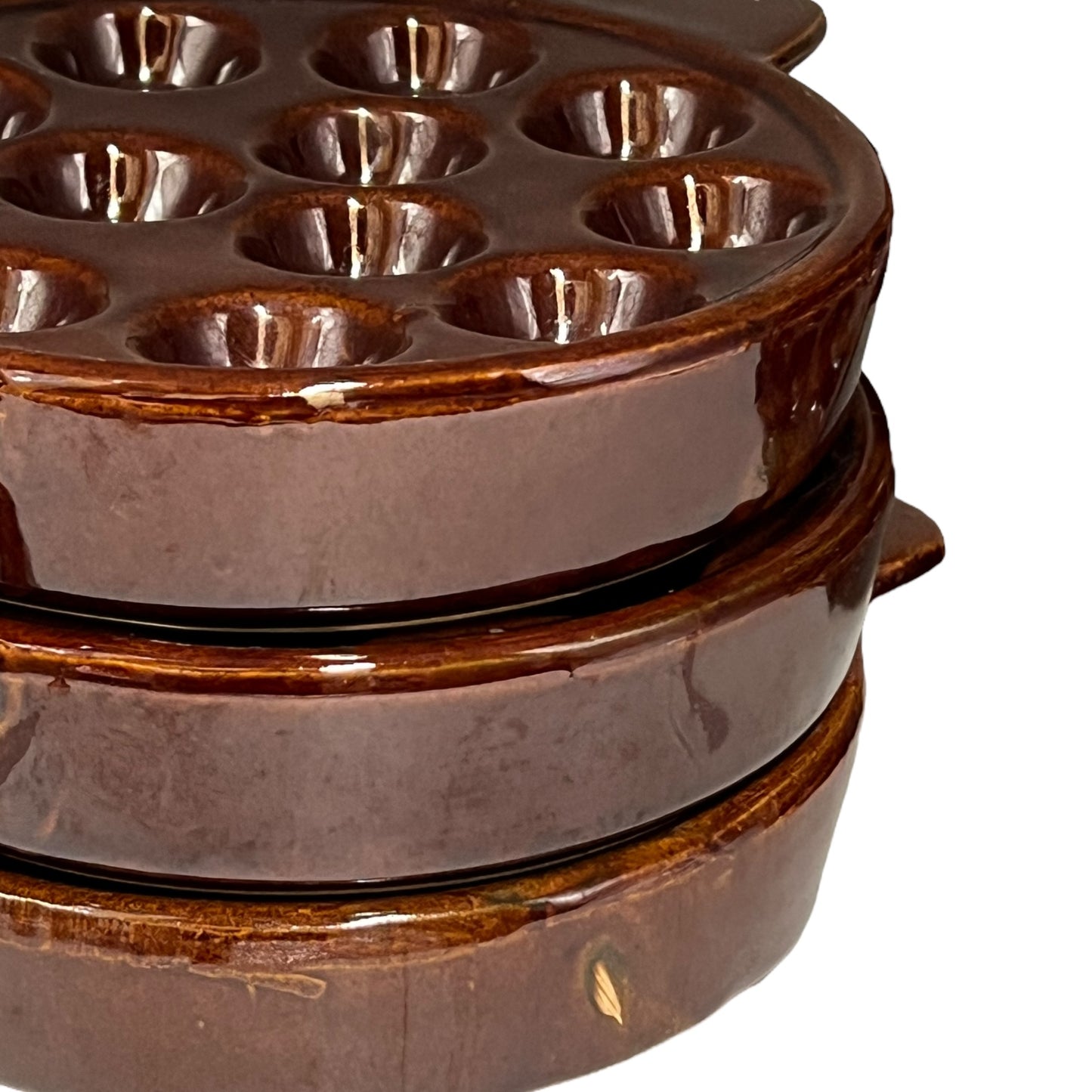 close up view French Rustic Ceramic Escargot Dishes, Vintage Snail Pots Plates