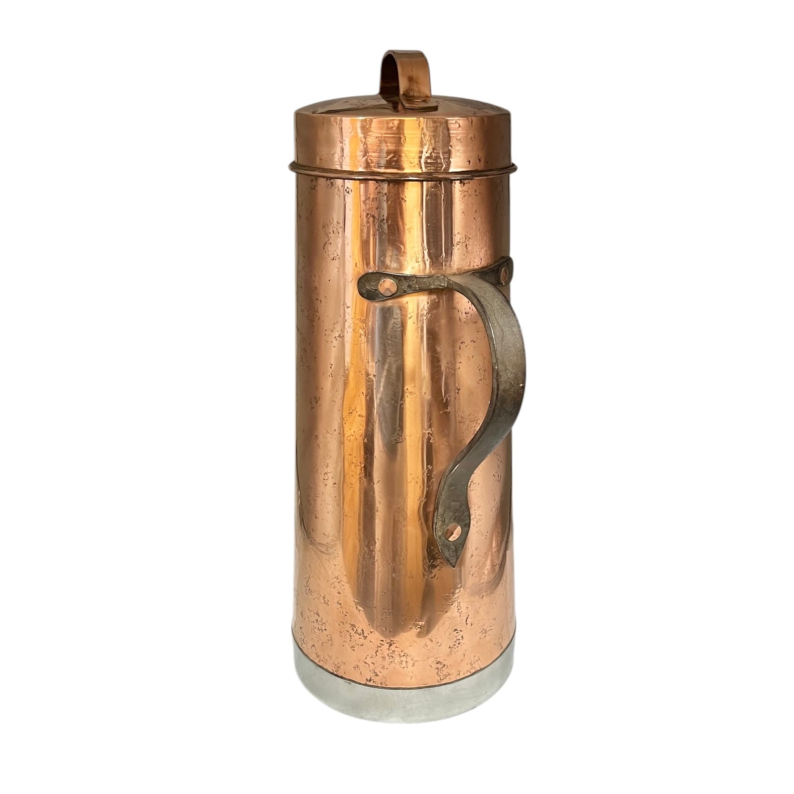 Vintage French copper milk churn with iron handles and copper lid on a white background