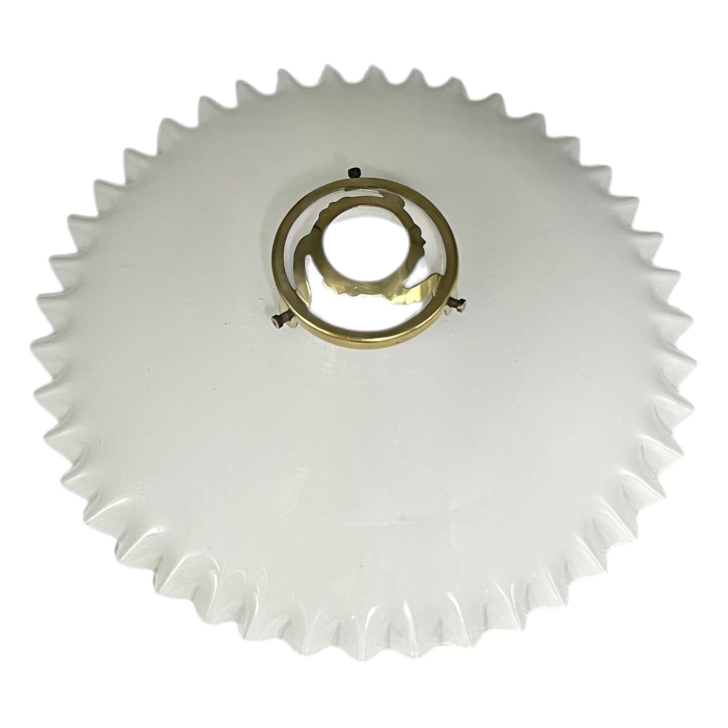 White glass shade with gold metal fixture on a white background