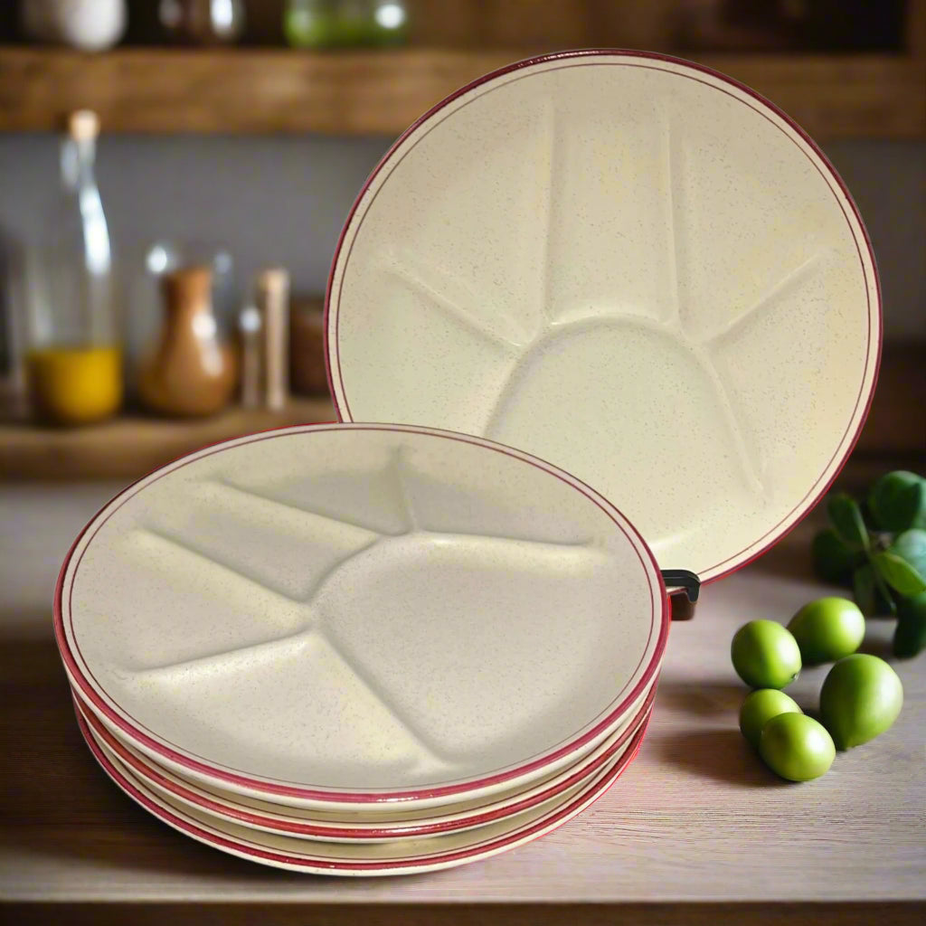 4 French Vintage Fondue Plates, Faience Pottery Buffet or Portion Plates, beige with a pink trim