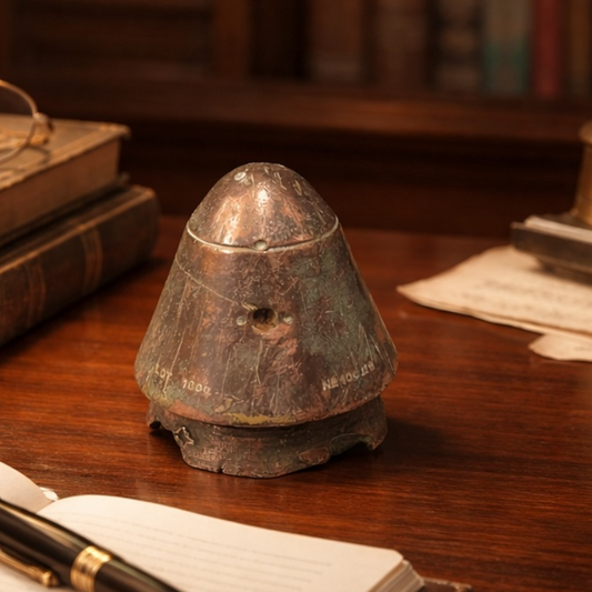 WW1 British brass fuse now repurposed as a paperweight on a period style desk in a study