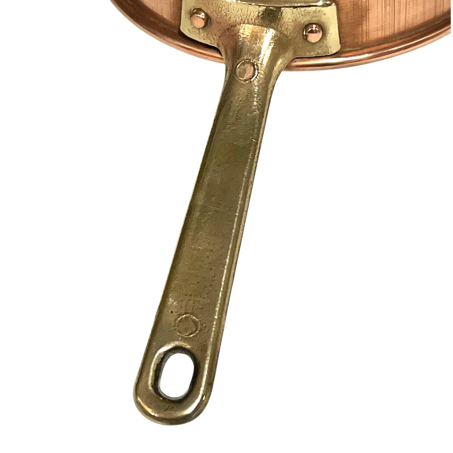 Small copper French sieve with a brass handle on a white background