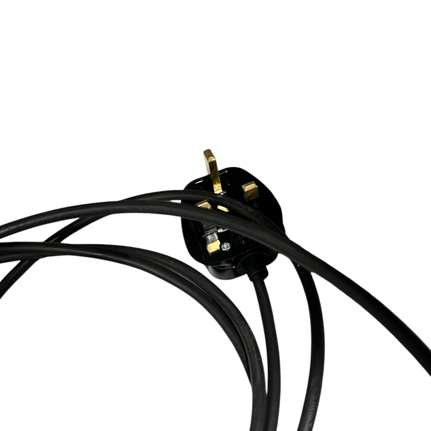 Black electrical plug with coiled cable on a white background