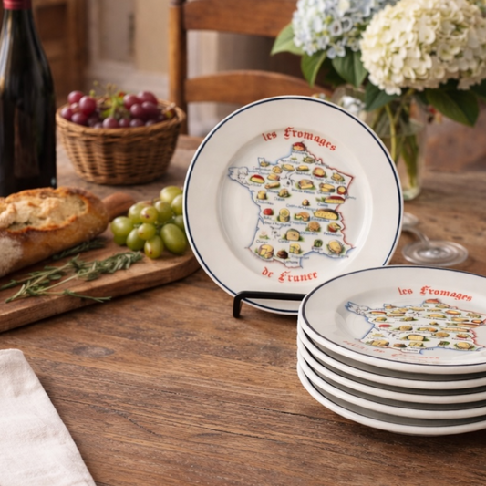 Set of decorative plates with cheese illustrations on a wooden table with bread and grapes.